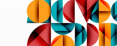 Soyut geometrik şekiller örtüşür, canlı renkli desenler yaratır. Modern tasarım daireler, üçgenler, dikdörtgenler kullanır.