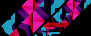 Soyut geometrik şekiller, canlı renkler, dinamik bileşim. Pembe, mor, deniz mavisi renkleri modern görsel etki yaratır..