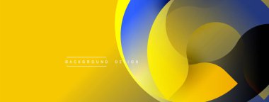 Soyut sarı arkaplan özellikleri çakışan kıvrımlı şekiller. Mavi, gri, siyah elementler dinamik görsel akış yaratır. Modern tasarım.