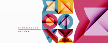 Soyut geometrik bileşim. Üst üste binen şekiller dinamik görsel efekt yaratır. Canlı renkler, modern tasarım, temiz estetik. Arkaplan özellikleri üçgenler, daireler, çizgiler.