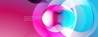 Soyut çemberler çakışıyor, canlı gradyanlar yaratıyor. Pembe, mavi, beyaz renkler kusursuz bir şekilde harmanlanır. Modern tasarım ögesi.