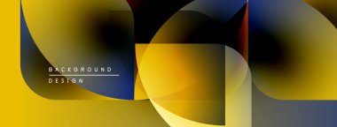 Soyut geometrik şekiller örtüşür, dinamik sarı ve mavi renkler yaratır. Modern tasarım elementleri akıcılık ve derinlik öneriyor.