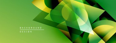 Soyut geometrik şekiller örtüşür, canlı yeşil gradyan arkaplan oluşturur. Modern tasarım elementleri dinamik bileşimi önerir.