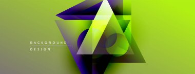 Soyut geometrik şekiller örtüşüyor, canlı yeşil, mor renkler yaratıyor. Modern tasarım elementleri derinlik ve yenilik öneriyor.
