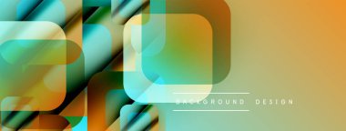 Soyut geometrik şekiller örtüşüyor, canlı renk eğimleri yaratıyor. Sarı, yeşil, mavi renkler tasarımda baskın. Modern estetik.