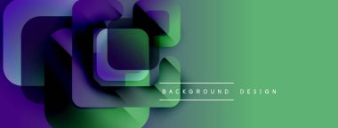 Soyut geometrik şekiller örtüşür, canlı gradyanlar yaratır. Yeşil, mor renkler siyah kenarlı tasarıma hakim. Modern estetik.