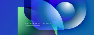 Soyut mavi tasarım üst üste binen şekiller, gradyanlar, küreler. Metin arka plan tasarımı okur. Modern, canlı kompozisyon.
