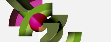 Soyut şekiller iç içe geçer ve dinamik bileşim yaratır. Yeşiller, pembeler, kahverengiler tarafsız arka planda baskın. Modern tasarım elemanları.