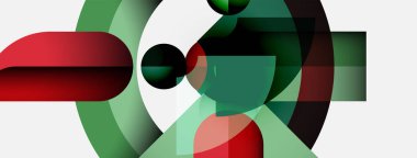 Soyut kompozisyon. Üst üste binen şekiller, yeşil, kırmızı, siyah, beyaz. Modern tasarım, geometrik biçimler, basit palet. Minimalist estetik.