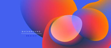 Soyut sıvı şekilleri örtüşür ve canlı renk değişimleri yaratır. Mavi, mor, turuncu renkler tasarımda baskın. Modern arkaplan ögesi.