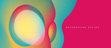 Soyut canlı tasarım, üst üste binen renkli daireler, gradyanlar. Pembe bölüm metin arkaplan tasarımı içeriyor. Modern estetik.