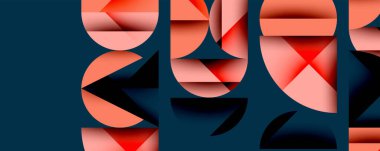 Soyut geometrik şekiller, mercan renkleri, koyu arkaplan. Minimalist tasarım, modern estetik, üst üste binen formlar görsel ilgi yaratıyor.