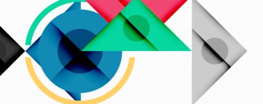 Soyut geometrik bileşim. Üst üste binen şekiller, dinamik görsel ilgi yaratır. Renkler arasında mavi, yeşil, kırmızı, gri, sarı vardır. Modern tasarım.