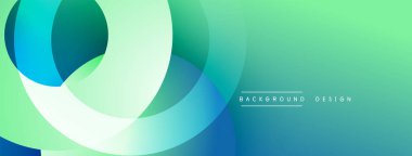 Soyut tasarım özellikleri üst üste binen daireler, gradyanlar. Teal, yeşil renkler kompozisyona hakim. Minimum metin mevcut. Modern estetik.