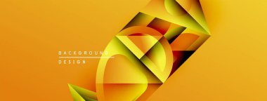 Soyut geometrik şekiller örtüşüyor, dinamik turuncu gradyan arkaplan oluşturuyor. Modern tasarım elementleri yenilik ve enerji öneriyor.