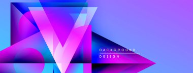 Soyut enerjik tasarım. Geometrik şekiller örtüşüyor, dinamik mor, mavi gradyanlar yaratıyor. Dijital projeler için modern arkaplan.