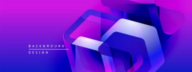 Soyut geometrik şekiller örtüşüyor, canlı mor ve mavi renkler yaratıyor. Modern tasarım elementleri teknoloji ve yenilik öneriyor.