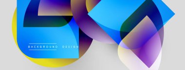 Soyut renkli şekiller çakışıyor. Canlı maviler, morlar, sarılar dinamik kompozisyon oluşturur. Arka planlar için modern tasarım ögesi.