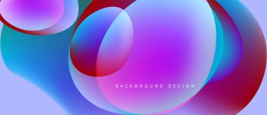 Soyut renkli örtüşen daireler canlı modern arka plan yaratır. Yumuşak eğimler mavileri, morları, pembeleri, kırmızıları harmanlıyor. Tasarım dinamik, akışkan.