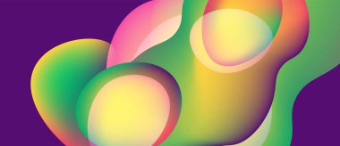 Soyut renkli şekiller örtüşüyor, canlı gradyanlar yaratıyor. Pürüzsüz formlar akışkan hareketi, dinamik bileşimi gösterir.