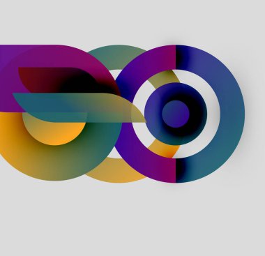 Soyut tasarım renkli örtüşen şekiller içerir. Daireler, kurdeleler dinamik görsel kompozisyon oluşturur. Modern, canlı estetik..
