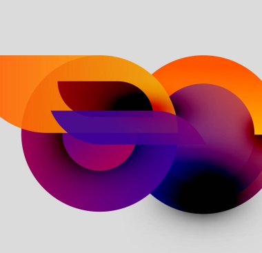 Soyut şekiller örtüşüyor, canlı renk değişimleri yaratıyor. Turuncu, mor, siyah renkler kusursuz bir şekilde harmanlanır. Modern tasarım ögesi.