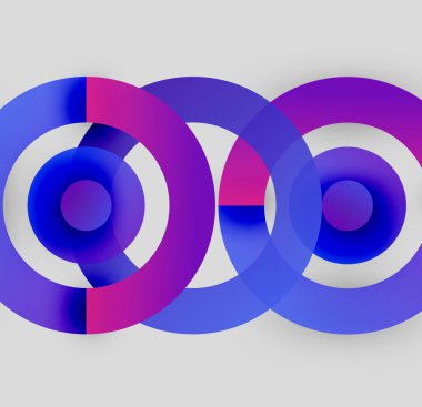 Üst üste binen dairelerin soyut grafikleri. Mor, mavi renkler tasarımda baskın. Minimalist tarzda, temiz çizgiler mevcut. Modern estetik.