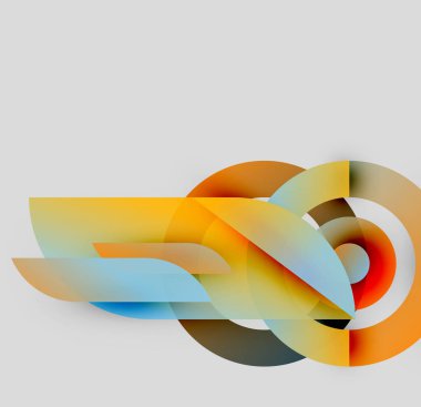 Soyut tasarım canlı örtüşen şekiller içerir. Turuncu, sarı, mavi gradyanlar dinamik görsel akış yaratır. Modern, temiz estetik.