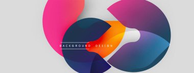 Soyut renkli şekiller örtüşür, dinamik görsel efekt yaratır. Modern tasarım elementleri yenilik, enerji ve akıcılık öneriyor. Arkaplan açık gri.