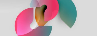 Soyut şekiller örtüşür, canlı renk karışımları yaratır. Pembe, deniz mavisi, turuncu renkler kompozisyona hakim. Yumuşak eğimler akıcılığı gösterir.