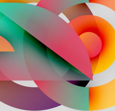 Soyut kompozisyon. Üst üste binen yarı şeffaf daireler canlı renk karışımları, dinamik şekiller, modern estetik.