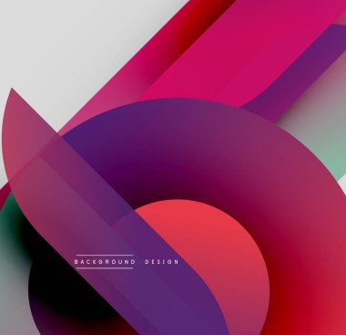 Soyut gradyanlar, üst üste binen şekiller dinamik görsel efekt yaratır. Çemberler, çizgiler modern kompozisyonu oluşturur. Canlı renkler tasarıma hakim..