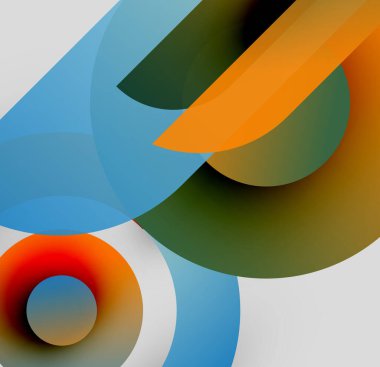 Soyut kompozisyon. Üst üste binen daireler, şekiller dinamik görsel deneyimler yaratır. Sıcak, serin renkler kusursuz bir şekilde harmanlanır. Modern tasarım.