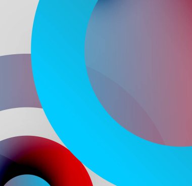 Soyut kompozisyon. Üst üste binen daireler, gradyanlar, serin ve ılık tonlarda modern görsel deneyimler yaratırlar. Basit şekiller, pürüzsüz geçişler.