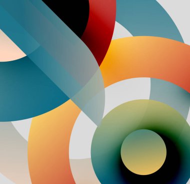 Soyut kompozisyon. Üst üste binen daireler canlı renk karışımları, yumuşak eğimler ve modern estetik oluşturur. Minimalist tasarım, memnun edici görsel uyum.