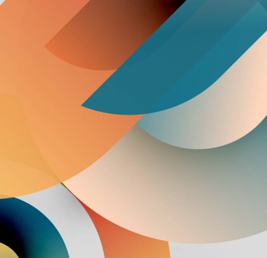 Soyut şekiller örtüşür, yumuşak eğimler yaratır. Sıcak turuncu, serin deniz mavisi, bej boşluğu doldurur. Minimalist tasarım, modern estetik.