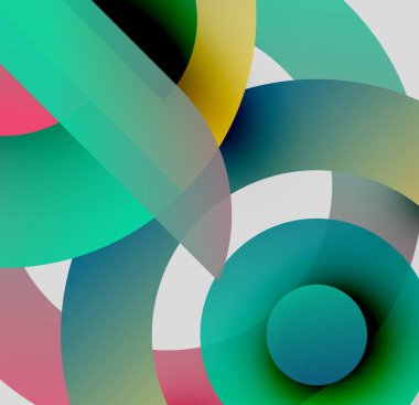 Soyut kompozisyon. Üst üste binen daireler dinamik görsel efekt yaratır. Renkler karışır, değişkenler oluşur, şekiller kesişir. Modern tasarım.