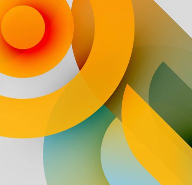 Üst üste binen daireler, gradyanlar içeren soyut kompozisyon. Sıcak turuncu, deniz mavisi, beyaz renkler tasarımda baskın. Minimalist estetik.