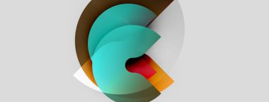 Soyut tasarım özellikleri üst üste binen renkli şekiller. Teal, turuncu, kırmızı renkler beyaz boşlukta karışıyor. Modern, minimalist estetik.