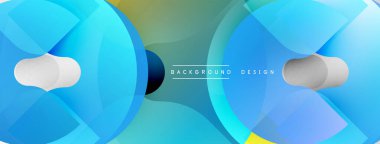 Soyut geometrik şekiller örtüşüyor, canlı mavi, gök mavisi renkleri yaratıyor. Modern tasarım elementleri teknoloji ve yenilik öneriyor.