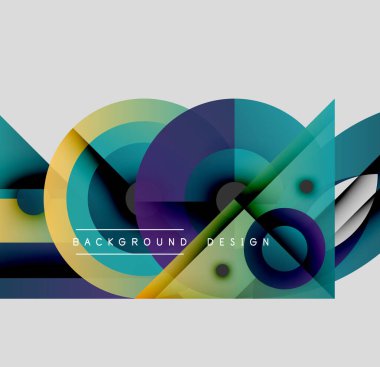 Soyut renkli şekiller çakışıyor. Dinamik bileşim daireler, üçgenler, çizgiler içerir. Değişik renklere sahip modern tasarım.