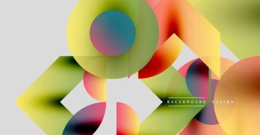 Soyut geometrik şekiller örtüşüyor, canlı renk eğimleri yaratıyor. Modern tasarım pürüzsüz geçişler, dinamik bileşimler içerir.