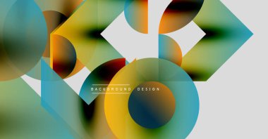 Soyut geometrik şekiller örtüşüyor, canlı renk eğimleri yaratıyor. Modern tasarım elementleri dinamik bileşimi önerir.