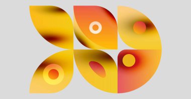 Soyut şekiller üst üste binerek sıcak renk değişimleri yaratıyor. Turuncu, sarı renkler nötr arka plana hakim. Modern tasarım elemanları.