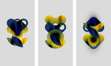 Soyut sanat eserleri. Üç panelde üst üste binen, şeffaf şekiller var. Renkler arasında sarı, donanma, yeşil gradyanlar var. Minimalist tasarım, yumuşak gölgeler.