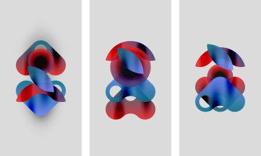 Soyut sanat eserleri. Üç panelde üst üste binen renkli şekiller, kırmızılar, maviler, morlar var. Yumuşak eğimler sıvı formlar yaratır. Minimalist tasarım.