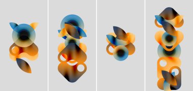 Soyut şekiller, turuncu, mavi renkler karışımı. Dört panel gradyan biçimleri gösteriyor, yumuşak ışıklandırma, modern tasarım estetiği. Minimalist kompozisyon.