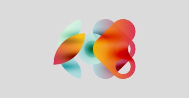 Soyut şekiller örtüşür, canlı renk karışımları yaratır. Yumuşak eğimler akıcılık ve ışık etkileşimini gösteriyor. Minimalist tasarım, nötr arkaplan.