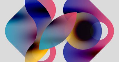 Soyut renkli şekiller çakışıyor, akışkan gradyanlar yaratıyor. Yumuşak renkler harmanlanır ve dinamik bileşim oluşturur. Modern tasarım, enerjik enerji.