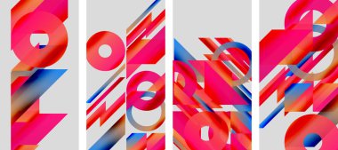 Soyut sanat eserleri renkli geometrik şekiller göstererek kelime akışı oluşturur. Canlı kırmızılar, maviler kompozisyona hakim. Modern tasarım elemanları.